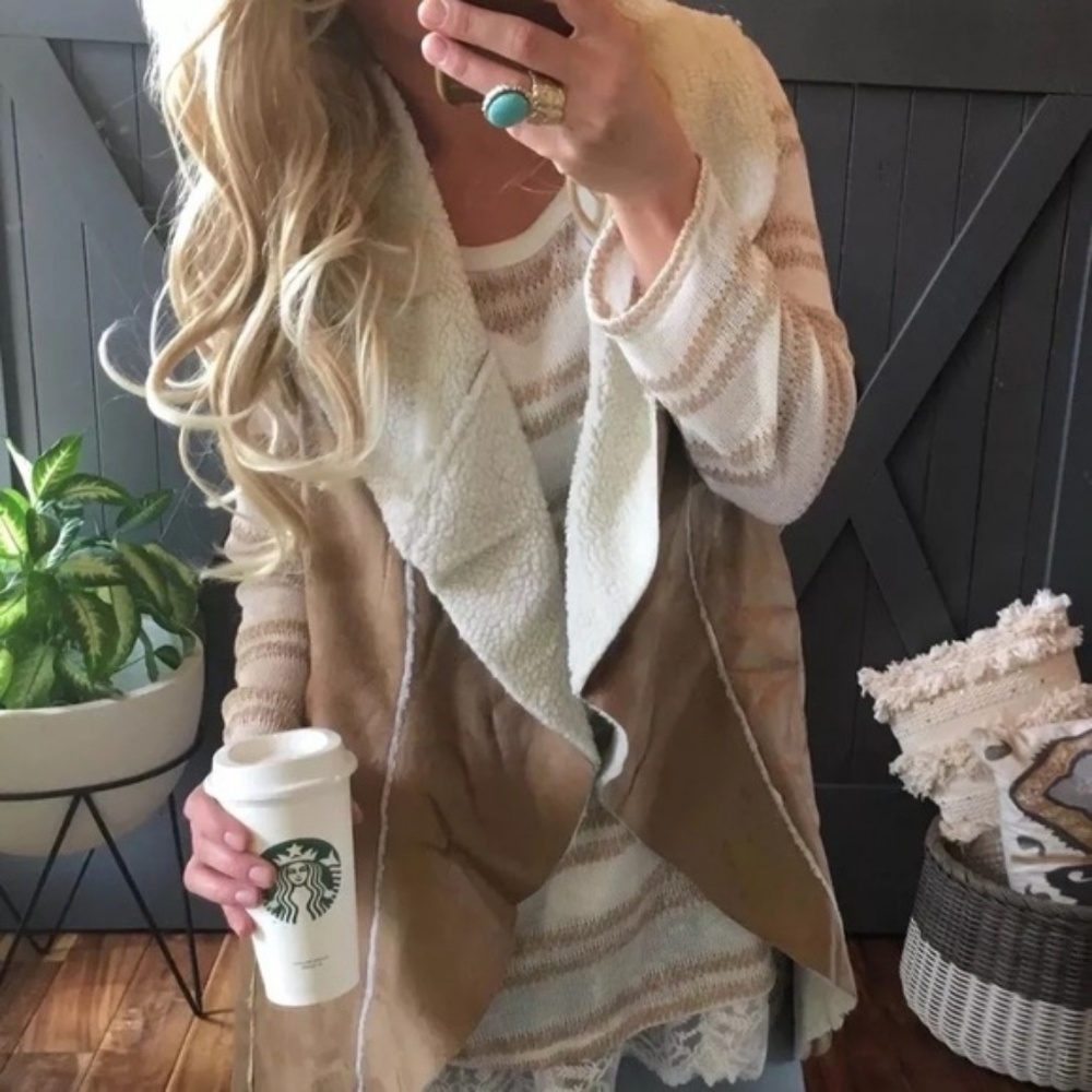 SOLD OUT!  Sherpa Vegan Suede Vest Coat - Picture 2 of 6